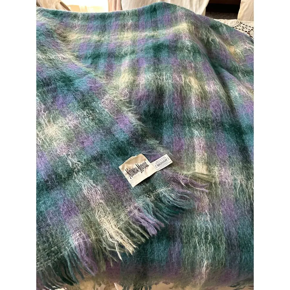 Vintage Neiman Marcus plaid mohair wool throw blanket purple green teal 68x44”
